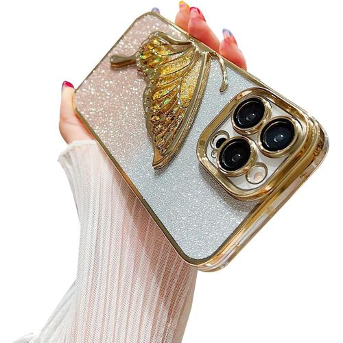 IPhone 11 12 13 14 Pro Max Case With Luxury Glitter Cute Butterfly Plating Design Phone Cases Camera Protection Shockproof Cover -Gold