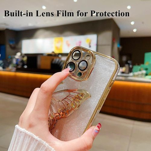 IPhone 11 12 13 14 Pro Max Case With Luxury Glitter Cute Butterfly Plating Design Phone Cases Camera Protection Shockproof Cover -Gold