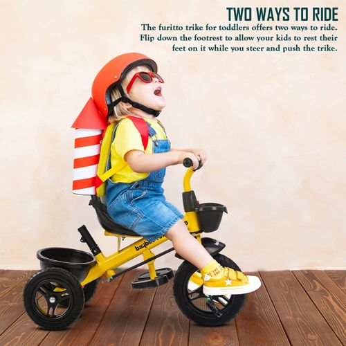 Baybee 2 In 1 Furitto Baby Tricycle For Kids, Baby Bicycle With Storage Space Adjustable Push Parental Handle, Rubber Wheels & Safety Belt Baby Kids Cycle Trikes Kids Tricycle Cycle Suitable For Kids 1.5 To 5 Years Boy Girl- Multicolor