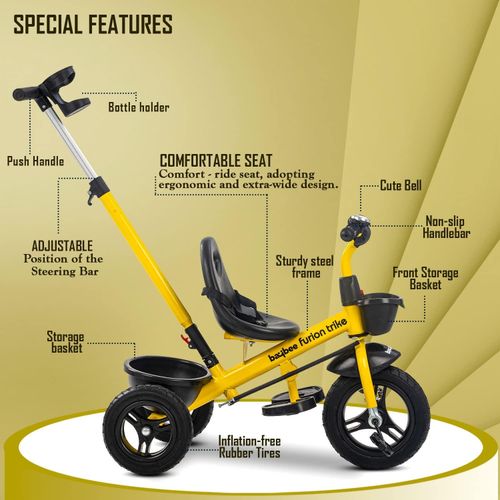 Baybee 2 In 1 Furitto Baby Tricycle For Kids, Baby Bicycle With Storage Space Adjustable Push Parental Handle, Rubber Wheels & Safety Belt Baby Kids Cycle Trikes Kids Tricycle Cycle Suitable For Kids 1.5 To 5 Years Boy Girl- Multicolor