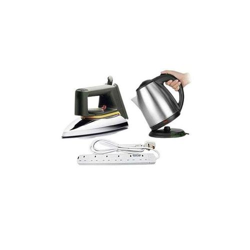 Flat Iron, Electric Kettle 2L & Original 6 Way Extension Cable - Silver, White