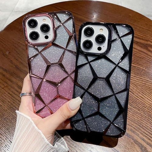 Apple IPhone 15 14 13 12 11 Pro Max Case (Transparent With Glitter Paper ) Electroplated Cover For Women Girl Soft Bling Sparkling Cases-Pink