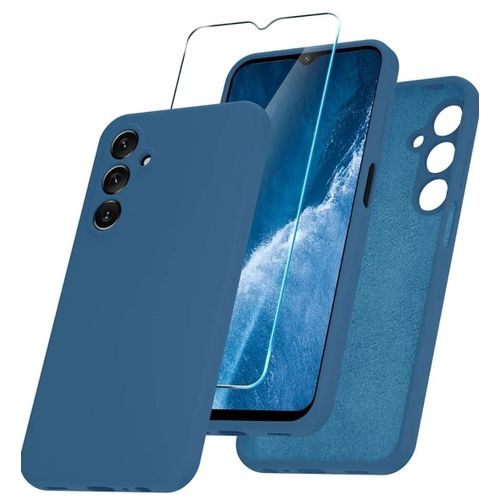 Samsung Galaxy A15 5G Luxury Soft Rubber Liquid Silicone Skin Touch Feel Cover Case With Screen Protector Blue Navy Blue
