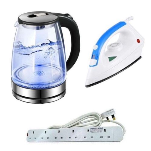 Original 2L Glass Electric Kettle With LED Blue Light Plus A 6way Heavy Duty And Durable Extension Cable And A Non Stick Steam Flat Iron - Silver & Black