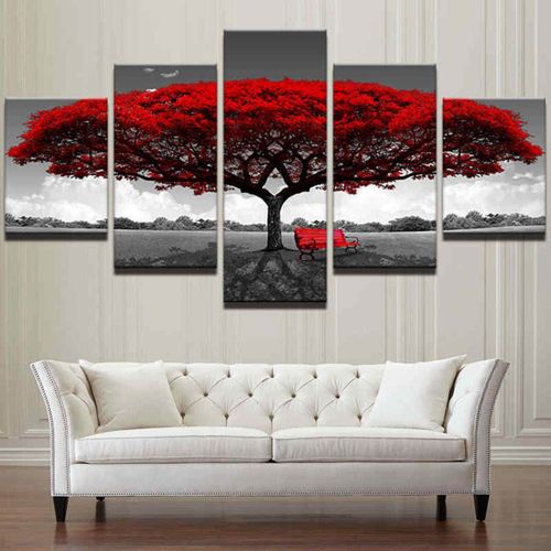 Home Decor Canvas Print Wall Art Modern Red Tree Scenery Bench Gift #10x15x2 10x20x2 10x25 10x15x2 10x20x2 10x25