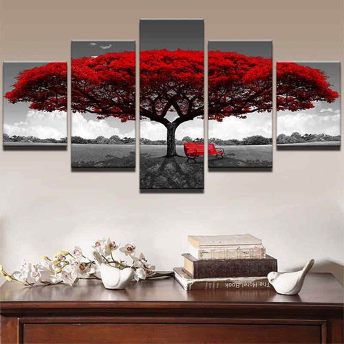 Home Decor Canvas Print Wall Art Modern Red Tree Scenery Bench Gift #10x15x2 10x20x2 10x25 10x15x2 10x20x2 10x25