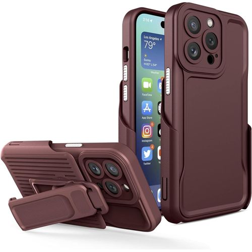 IPhone 15 14 13 12 11 Pro Max 360&deg; Back Clip Shockproof Bumper Defender Case Design , Heavy Duty Armor Kickstand Case Protective Cove-Brown