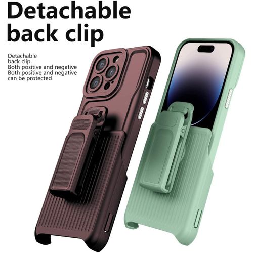 IPhone 15 14 13 12 11 Pro Max 360&deg; Back Clip Shockproof Bumper Defender Case Design , Heavy Duty Armor Kickstand Case Protective Cove-Brown