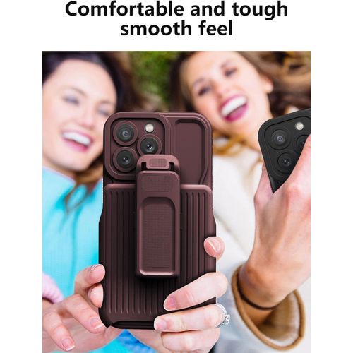 IPhone 15 14 13 12 11 Pro Max 360&deg; Back Clip Shockproof Bumper Defender Case Design , Heavy Duty Armor Kickstand Case Protective Cove-Brown