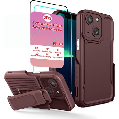 IPhone 15 14 13 12 11 Pro Max 360&deg; Back Clip Shockproof Bumper Defender Case Design , Heavy Duty Armor Kickstand Case Protective Cove-Brown