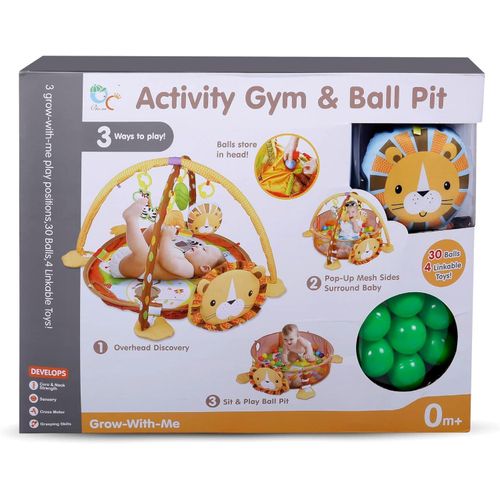 Baby Play Mat Activity Gym, 3-in-1 Play Gym with 4 Hanging Toys & 30 Balls Infant Activity Play Mat - Orange