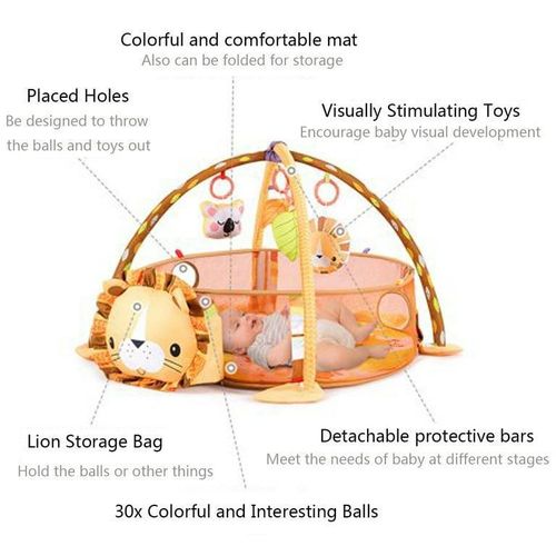 Baby Play Mat Activity Gym, 3-in-1 Play Gym with 4 Hanging Toys & 30 Balls Infant Activity Play Mat - Orange