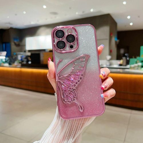 IPhone 11 12 13 14 Pro Max Luxury Glitter Cute Butterfly Plating Design Phone Case Camera Protection Shockproof Cover-Pink
