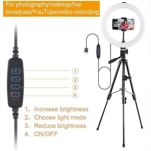 10 Inch/26cm Ring Light With Tripod Stand Usb Charge Selfie Led Video Lamp For Streaming Photography- Black