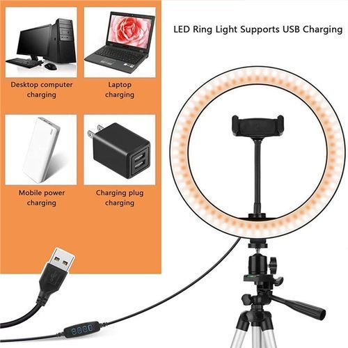 10 Inch/26cm Ring Light With Tripod Stand Usb Charge Selfie Led Video Lamp For Streaming Photography- Black