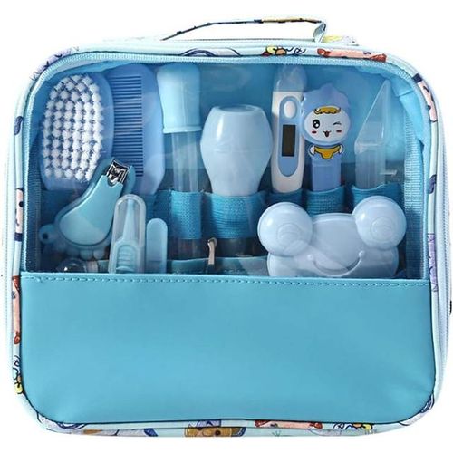 13 PCS Baby Healthcare and Grooming Kit including Thermometer, Feeder, Nasal Aspirator, Finger, Toothbrush Newborn Manicure Set Infant Nail etc... - Blue