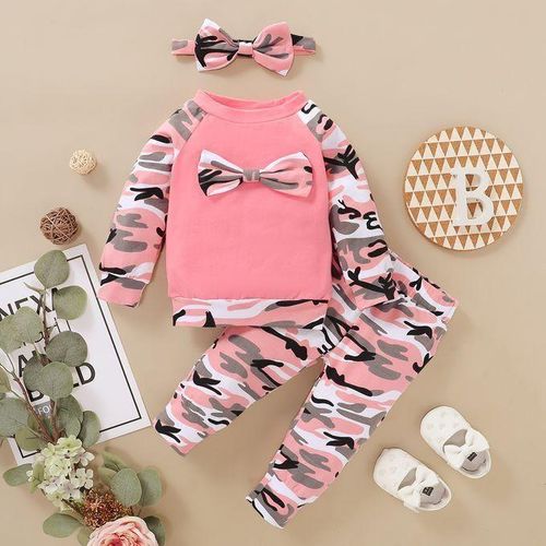Baby Girls Outfit Set Pink 3D Bow Long Sleeve Shirt + Camou Pants + Headband