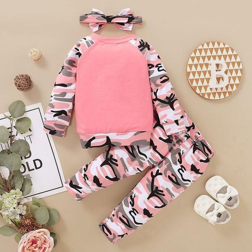 Baby Girls Outfit Set Pink 3D Bow Long Sleeve Shirt + Camou Pants + Headband