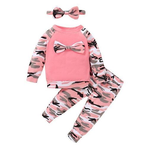 Baby Girls Outfit Set Pink 3D Bow Long Sleeve Shirt + Camou Pants + Headband