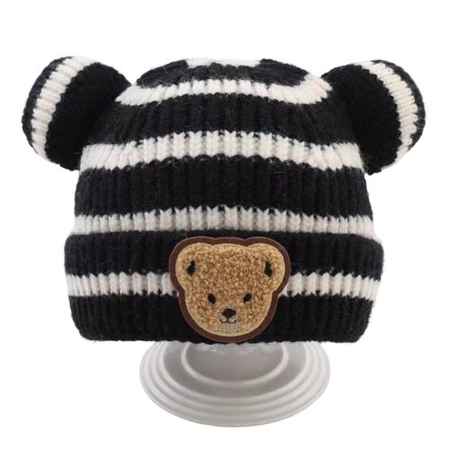 Kids Winter Warm Hats Striped Print Beanies Winter Bear Ears Skull Cap Hat for Ages 0-3 Toddler Boys Girls,Black NO5116