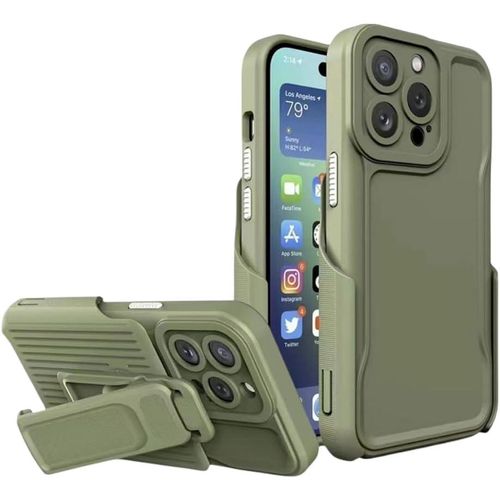 IPhone 15 14 13 12 11 Pro Max Case,Dual-Layer Silicone+PC Enhanced Four Corners Anti-Drop Shock Absorption Cover With 360&deg; Rotatable Durable Back Clip Holster Military Shockproof Case-Army Green