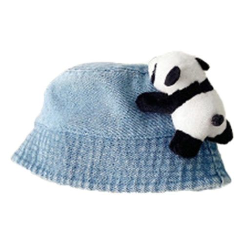 Casual Children's Bucket Hats Denim Hat with Crawling Panda Decorations for Beach Hiking Fishing NO5245