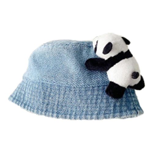 Casual Children's Bucket Hats Denim Hat with Crawling Panda Decorations for Beach Hiking Fishing NO5245