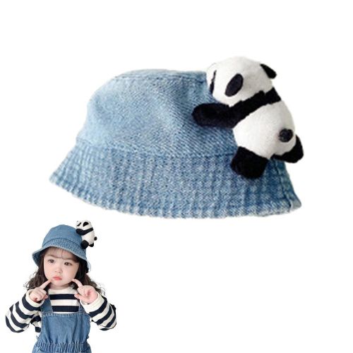 Casual Children's Bucket Hats Denim Hat with Crawling Panda Decorations for Beach Hiking Fishing NO5245