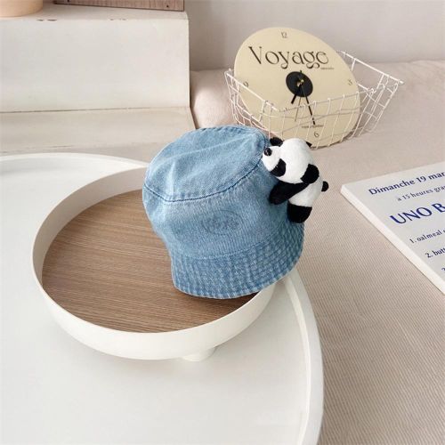 Casual Children's Bucket Hats Denim Hat with Crawling Panda Decorations for Beach Hiking Fishing NO5245