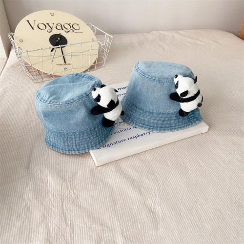 Casual Children's Bucket Hats Denim Hat with Crawling Panda Decorations for Beach Hiking Fishing NO5245