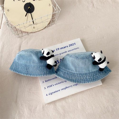 Casual Children's Bucket Hats Denim Hat with Crawling Panda Decorations for Beach Hiking Fishing NO5245