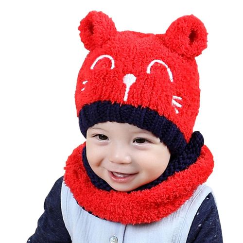 2pcs Set Children Kids Hat Scarf Neckerchief Warm Cat Fashion Cute For Winter New,Red NO5115