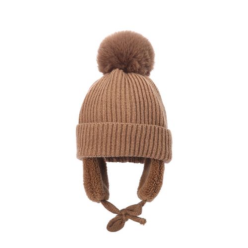 Winter Kids Hat with Plush Ear Flap Knitting Thick Beanie Cap Rib Cuff Pom Lined Warm Hat Gift for Christmas New Year's New,Brown NO5115