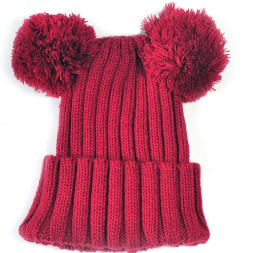 Baby Winter Hat Double Ball Ears Cute Wool Knitted Hat Solid Color Winter Warm Beanie Cap for Baby Boys Girls New,Wine Red NO5115