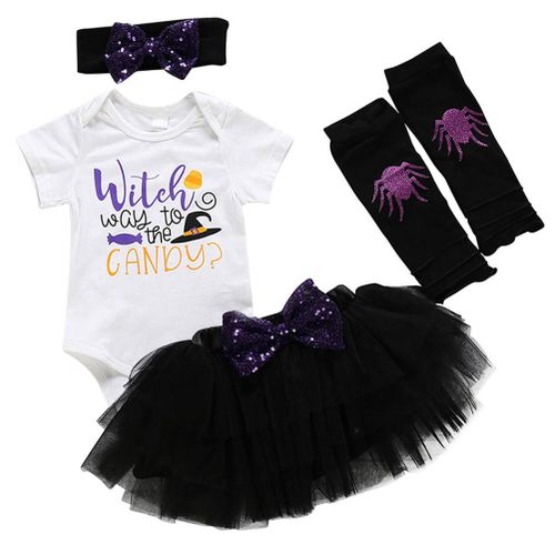 4 PCS Baby Girls Halloween Outfit Jumpsuit Skirt Leg Warmers Headband Clothes Set New,B NO5114