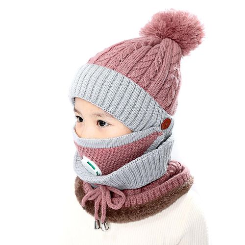 3 in 1 Kids Knitted Scarf Hat Face Guard Set with Breathing Valve Winter Warm Soft for Children Outdoor,Leather Red NO5116