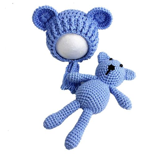Photography Prop Weaving Hat Cap Bear Toy Crochet Knit For Newborn Baby Girl Boy New,Blue NO5115