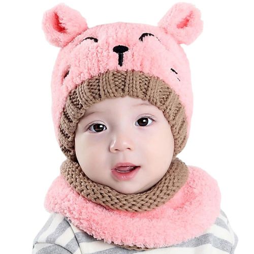 2pcs Set Children Kids Hat Scarf Neckerchief Warm Cat Fashion Cute For Winter New,Pink NO5115