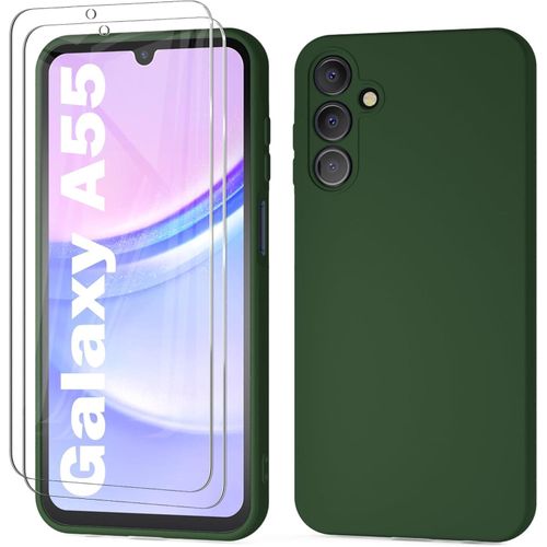 Samsung Galaxy A55 5G Case with 2 Pack Screen Protector, Liquid Silicone with Soft Anti-Scratch Microfiber Lining Shockproof Protective Cover-Green