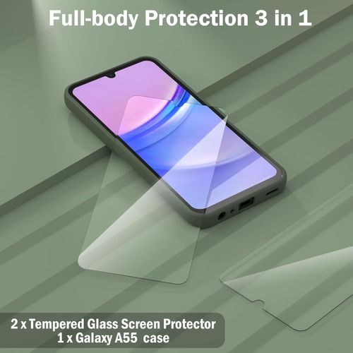 Samsung Galaxy A55 5G Case with 2 Pack Screen Protector, Liquid Silicone with Soft Anti-Scratch Microfiber Lining Shockproof Protective Cover-Green