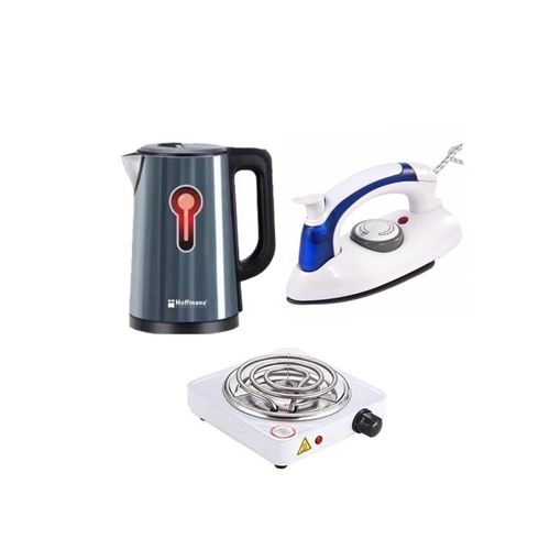 Hoffmans Pack Of Original 2.5Ltrs Electric Tea Kettle For Boiling Water Stainless Steel Double Wall Hot Water Boiler with Automatic Shut Off & Boil-Dry Protection Plus A Mini Foldable Travel Steam Flat Iron Box And A Single Coil Hot Plate 1000W- Multicolo