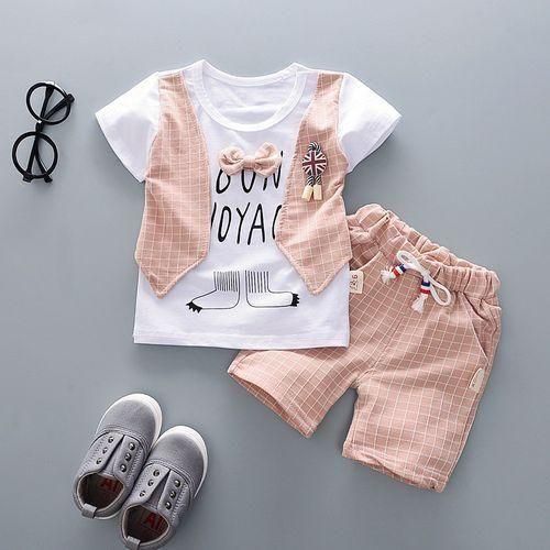 Boys Gentleman Short Sleeve Top  Plaid Shorts  Pink