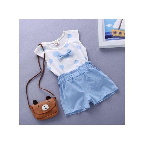 Fashion Girls Cartoon Apple Print TShirt  Short Cotton Suit  Blue