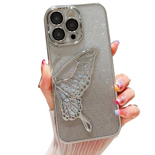 IPhone 11 12 13 14 Pro Max Mobistyle Designed For Luxury Glitter Cute Butterfly Plating Design  Phone Cases Camera Protection Shockproof Cover-Silver