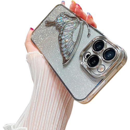 IPhone 11 12 13 14 Pro Max Mobistyle Designed For Luxury Glitter Cute Butterfly Plating Design  Phone Cases Camera Protection Shockproof Cover-Silver