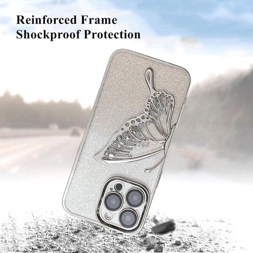 IPhone 11 12 13 14 Pro Max Mobistyle Designed For Luxury Glitter Cute Butterfly Plating Design  Phone Cases Camera Protection Shockproof Cover-Silver