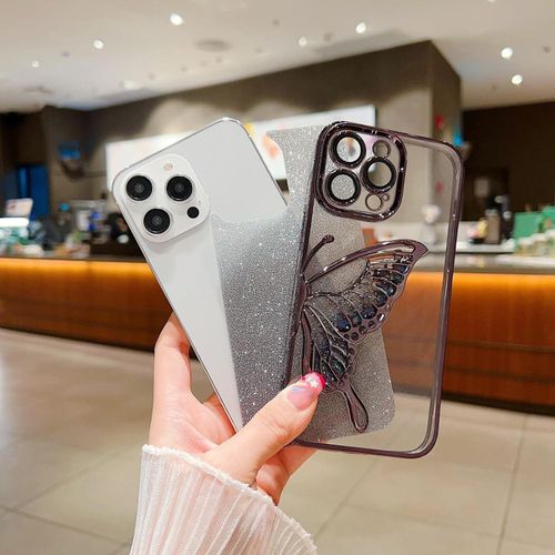 IPhone 11 12 13 14 Pro Max Mobistyle Designed For Luxury Glitter Cute Butterfly Plating Design  Phone Cases Camera Protection Shockproof Cover-Silver
