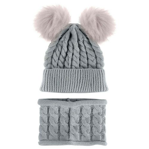Kids Boy Girl Pom Hat Kit Winter Warm Knit Bobble Beanie Cap Scarf Set with Two Pompom,Gray NO5116