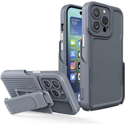 IPhone 15 14 13 12 11 Pro Max Case With Belt Clip Holster,Heavy Duty Hard Shockproof Armor Protector Case Cover,Military Grade Drop Protective,with 360&deg; Rotating Kickstand- Gray