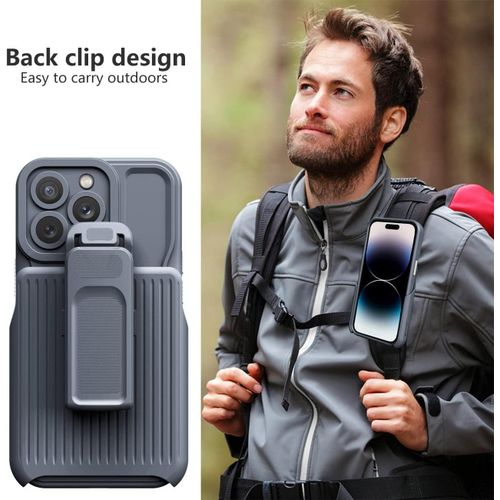 IPhone 15 14 13 12 11 Pro Max Case With Belt Clip Holster,Heavy Duty Hard Shockproof Armor Protector Case Cover,Military Grade Drop Protective,with 360° Rotating Kickstand- Gray